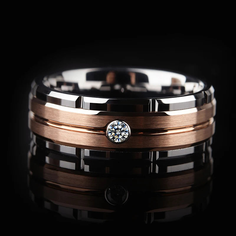 Rose Gold and Silver Tungsten Ring with CZ Stone - J120