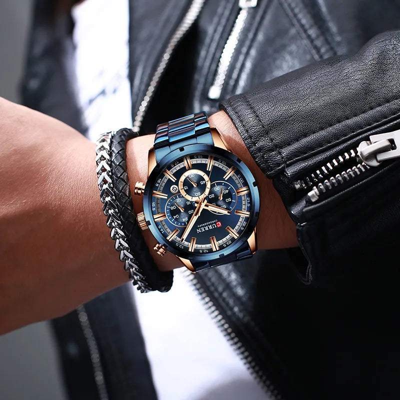 Men's Fashionable Quartz Rose Gold & Blue Stainless Steel Watch