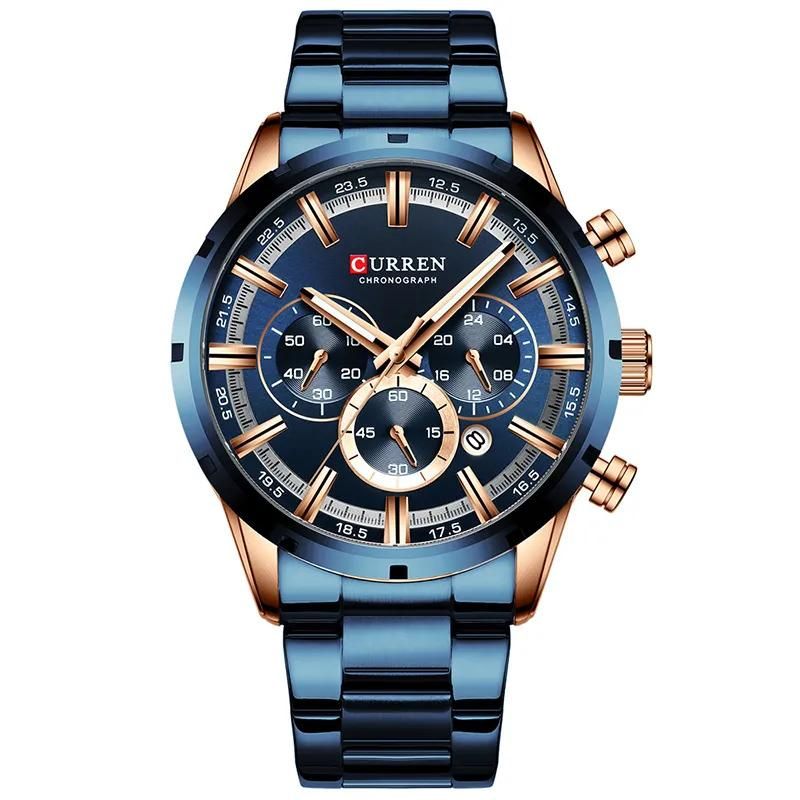Men's Fashionable Quartz Rose Gold & Blue Stainless Steel Watch