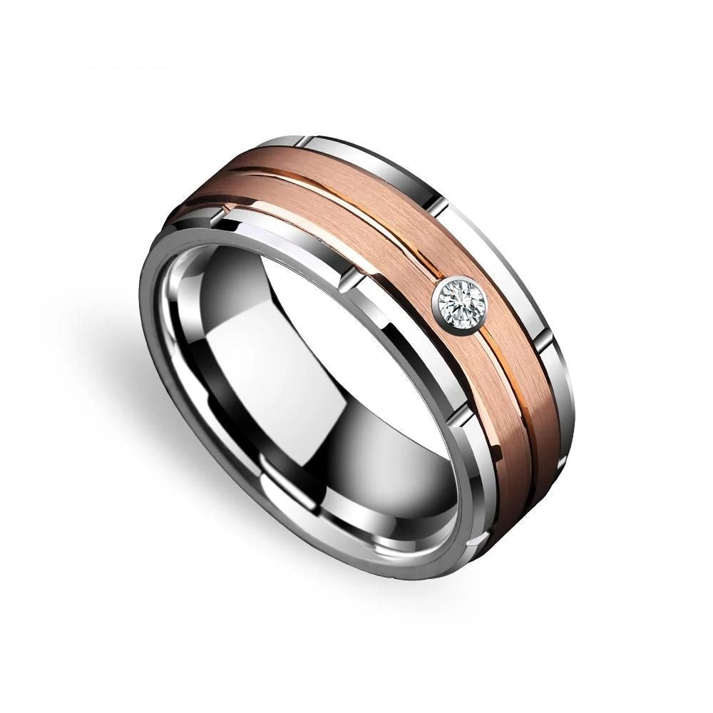 Rose Gold and Silver Tungsten Ring with CZ Stone - J120